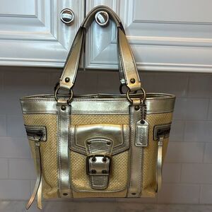 Coach Bag Purse Handbag Legacy Straw & Metallic Leather Tote Shoulder Pocketbook